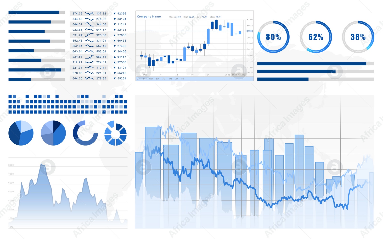 Illustration of Fintech concept.  charts and statistic information