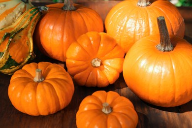 Many different ripe orange pumpkins on wooden table