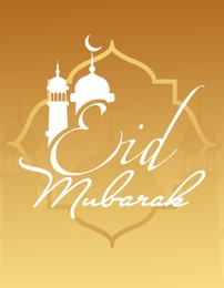 Illustration of Eid Mubarak greeting card with illustration of mosque on gold gradient background