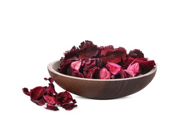 Photo of Scented potpourri in bowl on white background