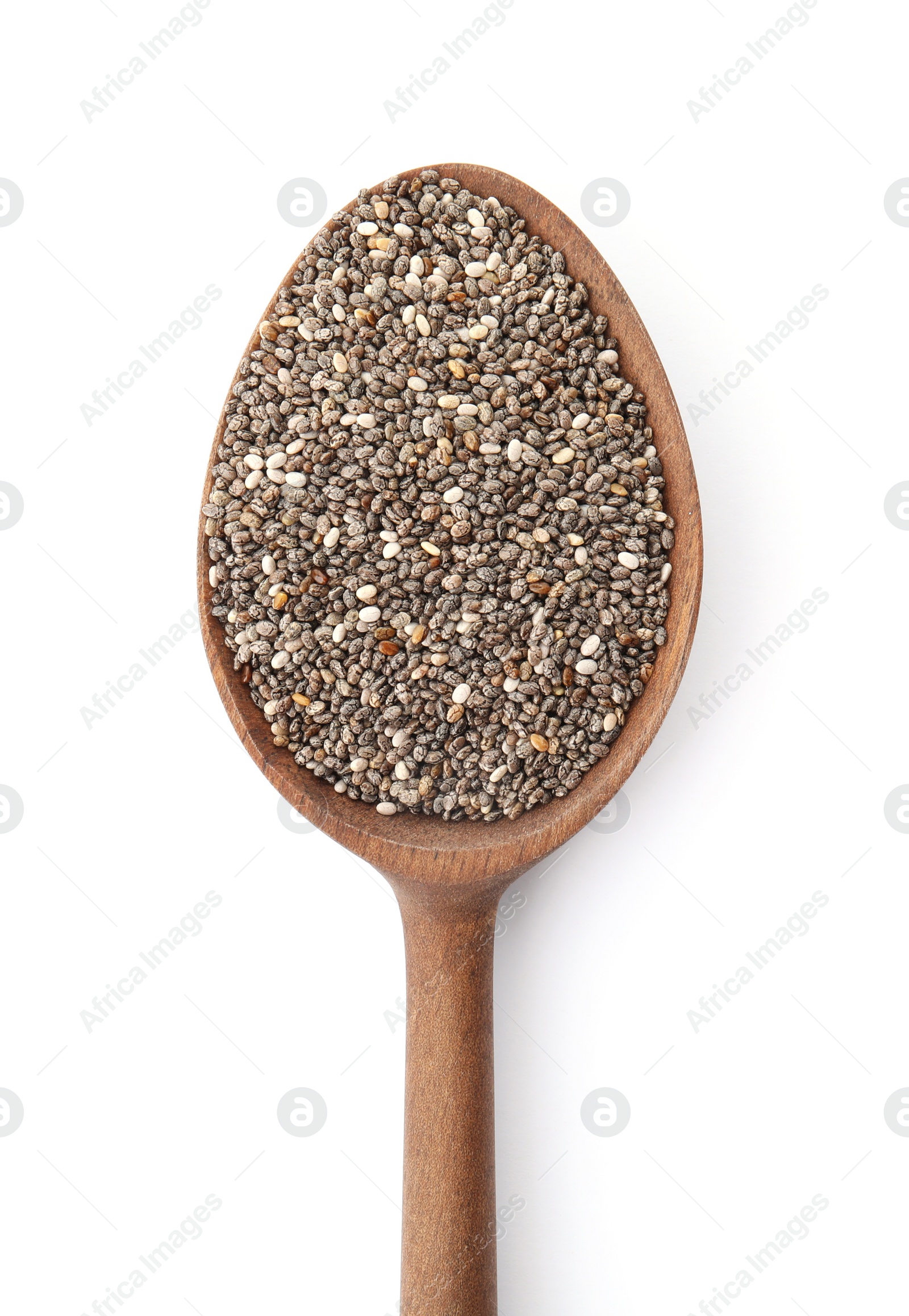 Photo of Spoon of chia seeds isolated on white, top view