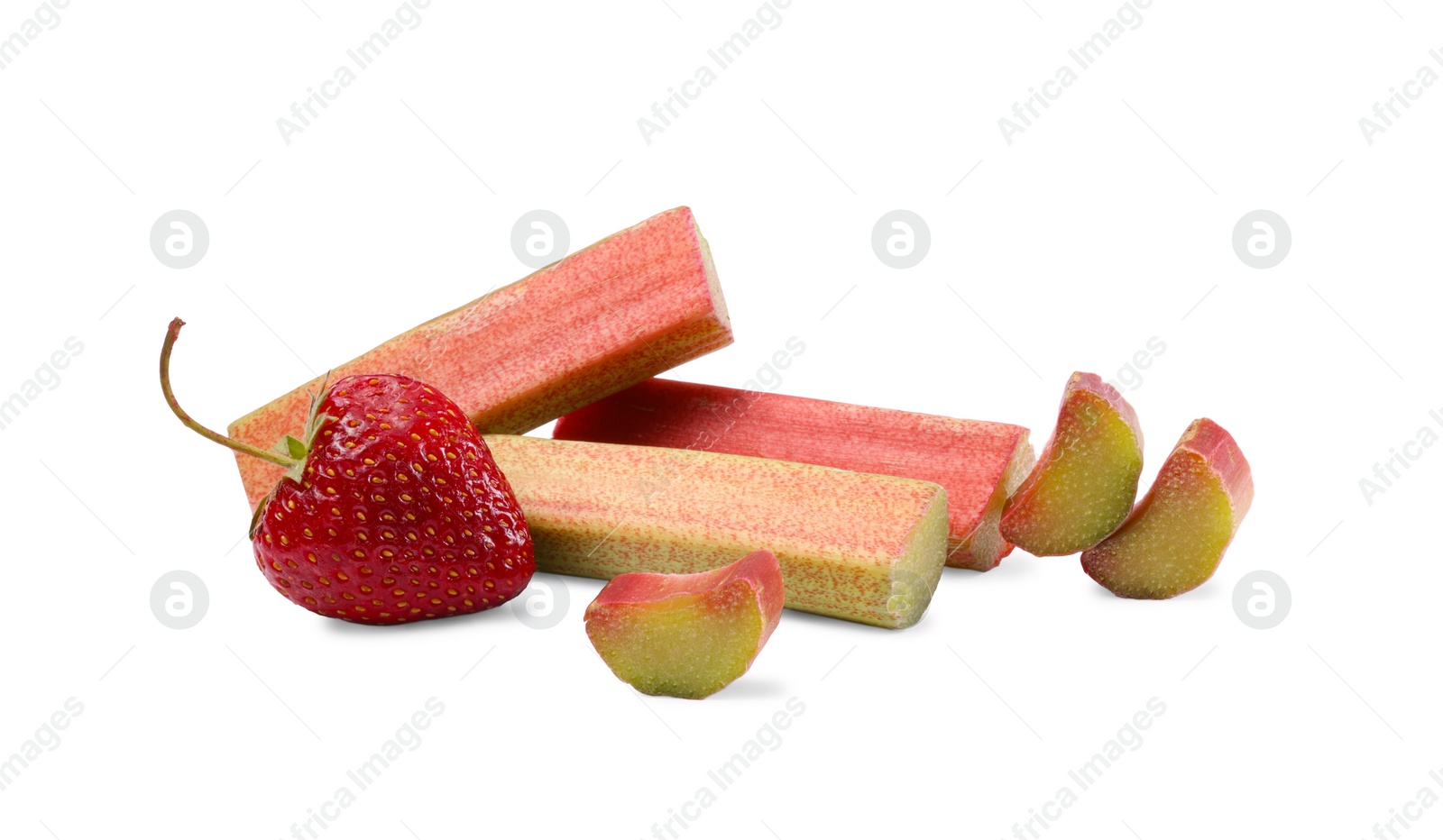 Photo of Cut rhubarb and fresh strawberry isolated on white