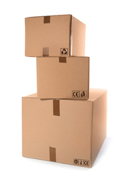 Image of Stack of parcels with different packaging symbols on white background  
