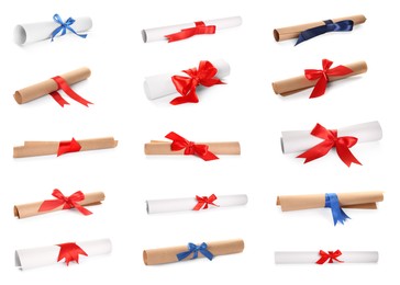 Image of Rolled student's diplomas with blue and red ribbons on white background, collage