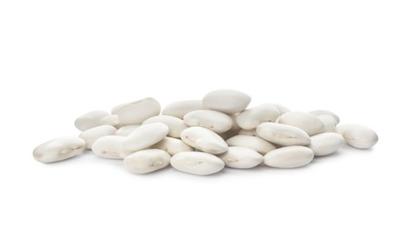 Photo of Pile of uncooked navy beans on white background