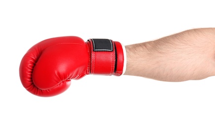 Photo of Man in boxing glove on white background, closeup