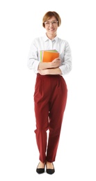 Female teacher with notebooks on white background