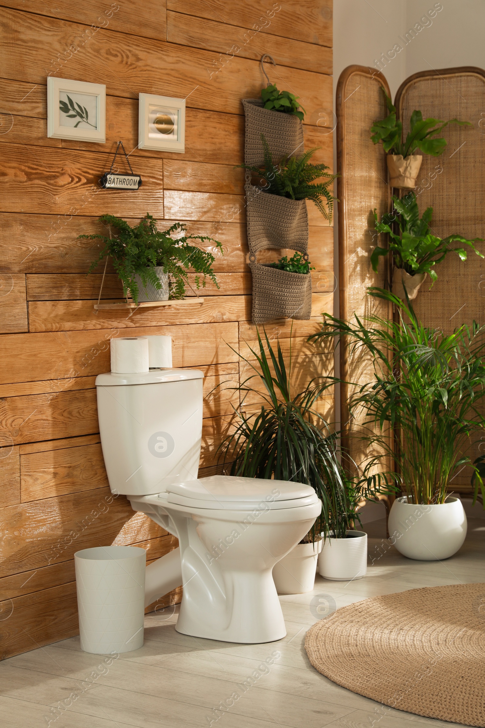 Photo of Stylish bathroom interior with toilet bowl and green plants