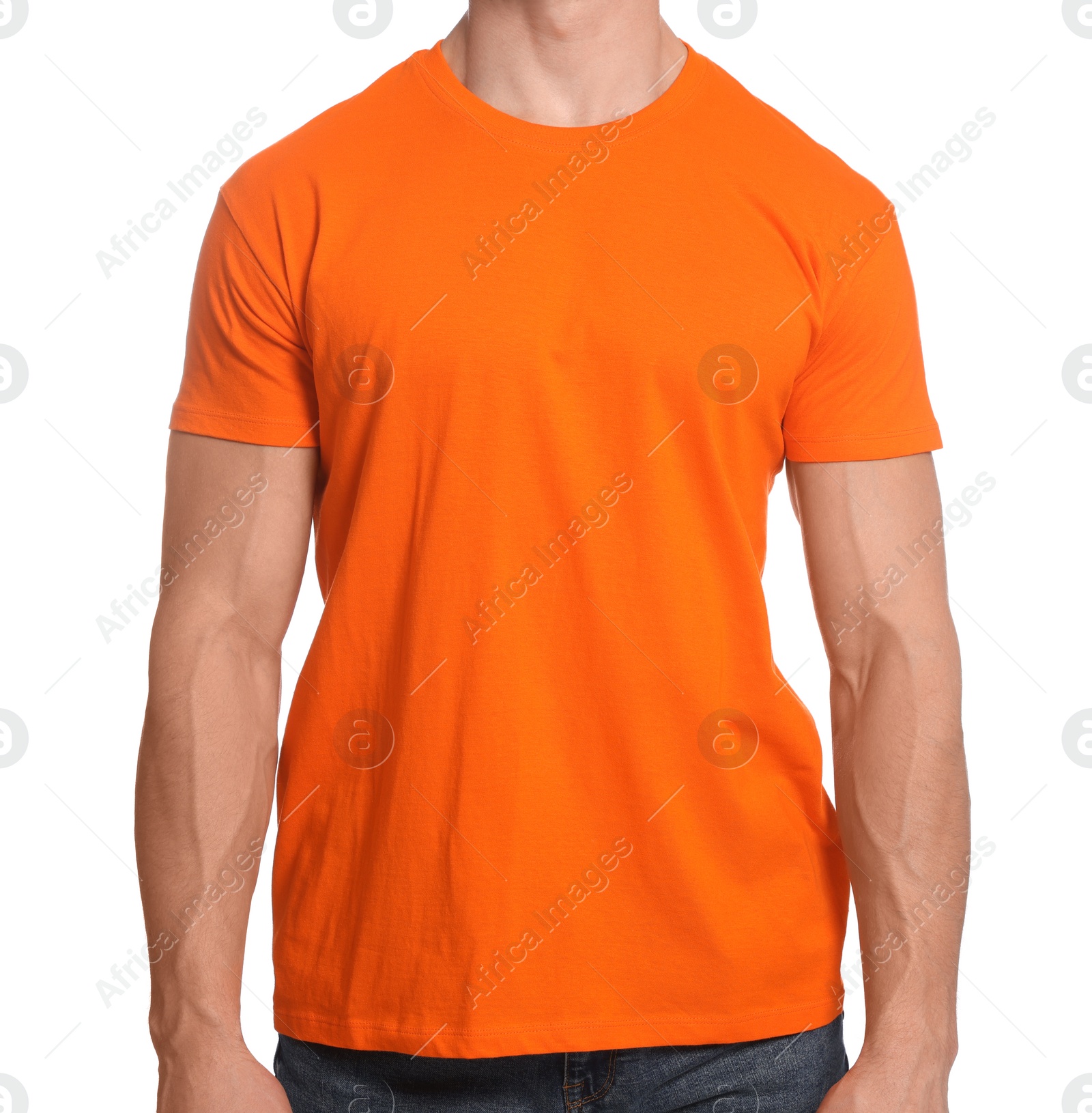 Photo of Man wearing orange t-shirt on white background, closeup. Mockup for design