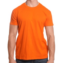 Photo of Man wearing orange t-shirt on white background, closeup. Mockup for design