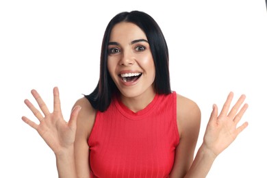 Photo of Woman showing number ten with her hands on white background