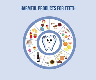 Illustration of Unhealthy tooth surrounded by harmful products on light blue background, illustration. Dental problem