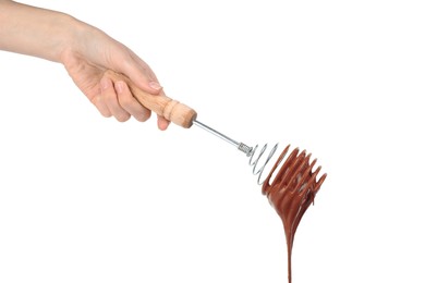 Photo of Woman holding whisk with chocolate cream isolated on white, closeup