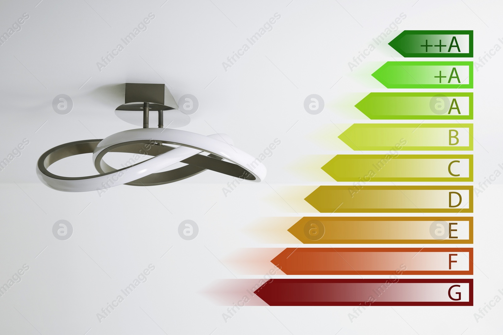 Image of Energy efficiency rating label and lamp on ceiling indoors