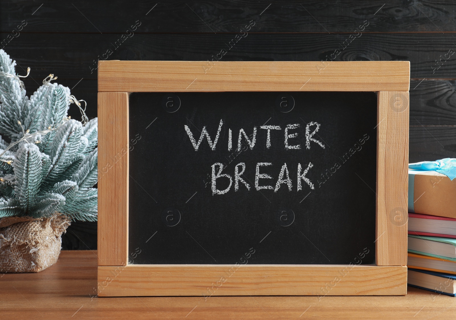 Photo of Chalkboard with phrase Winter Break, small Christmas tree and books on wooden table. Holidays concept