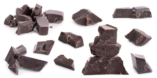 Image of Set with delicious dark chocolate chunks on white background. Banner design