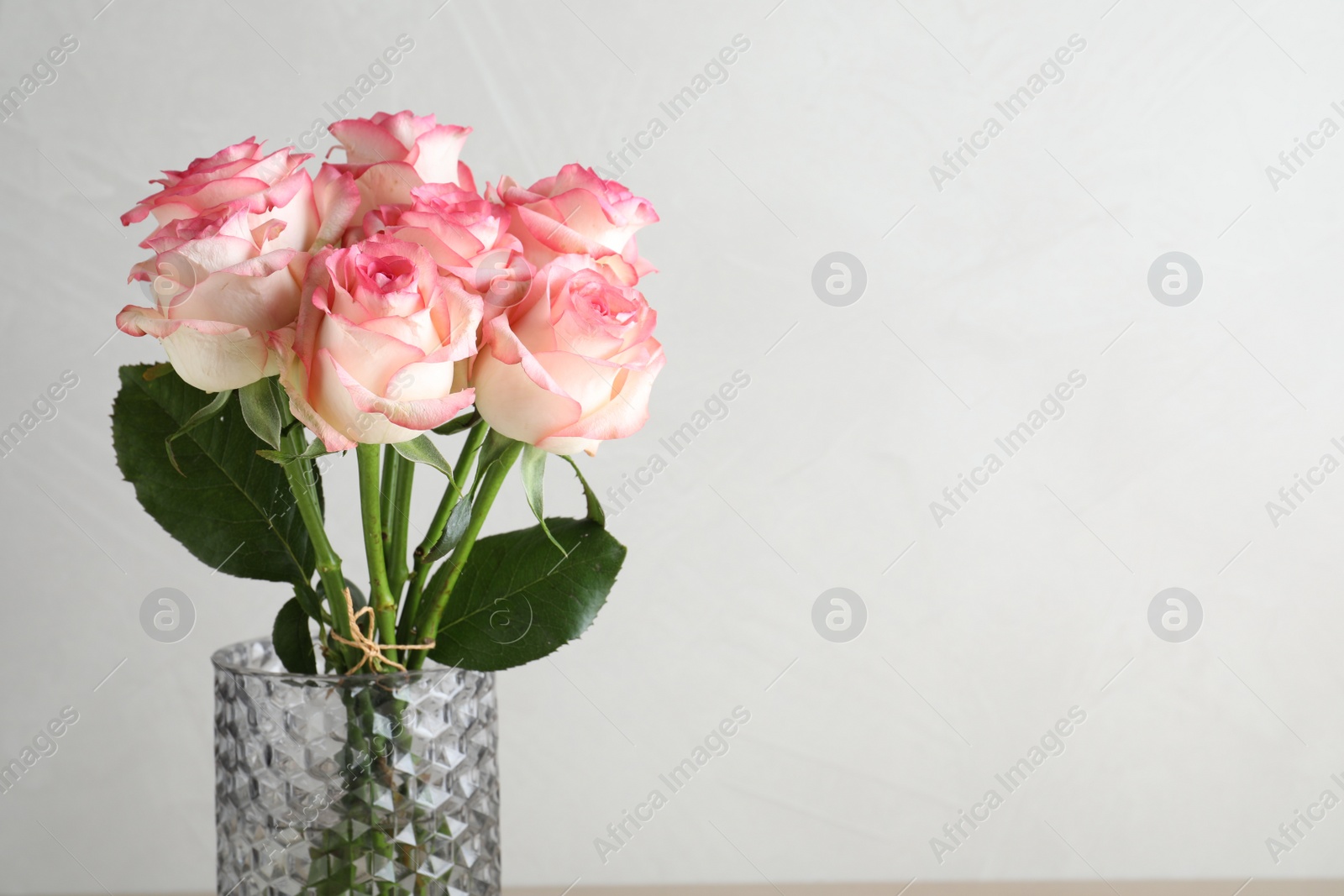 Photo of Vase with beautiful pink roses on light grey background, closeup. Space for text