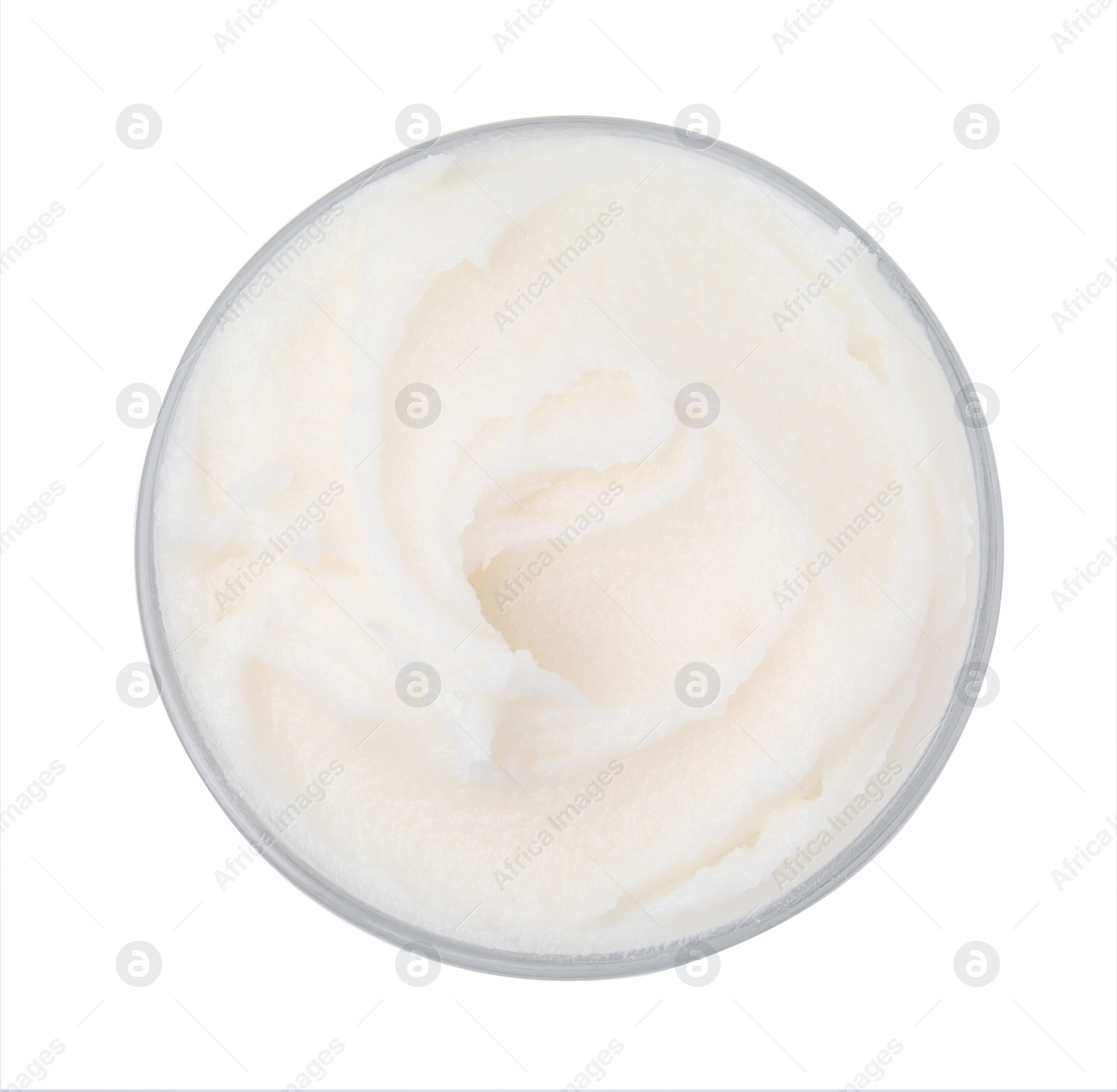 Photo of Delicious pork lard in glass isolated on white, top view