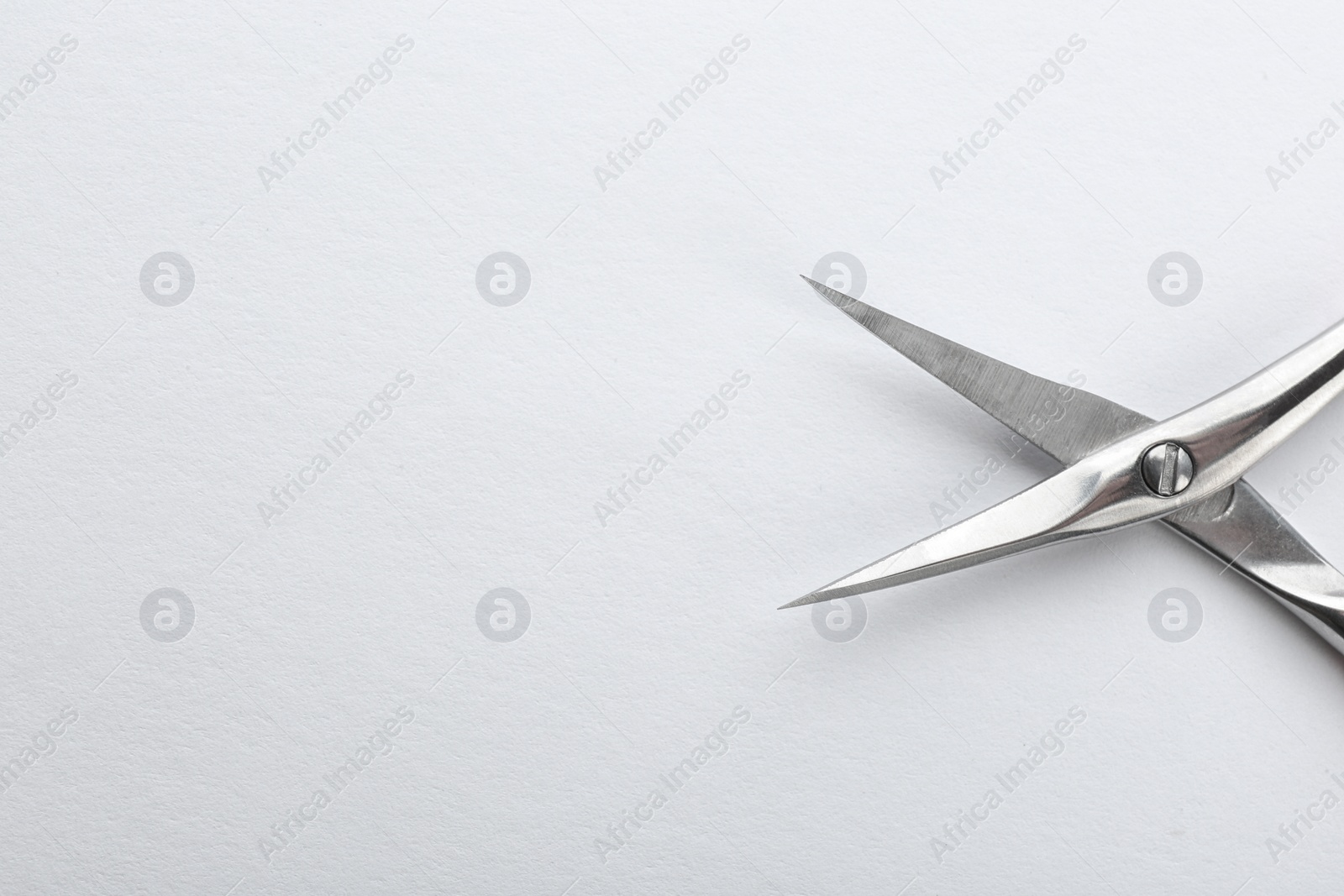 Photo of Pair of nail scissors on white background, closeup