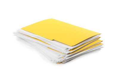 Stack of yellow files with documents on white background