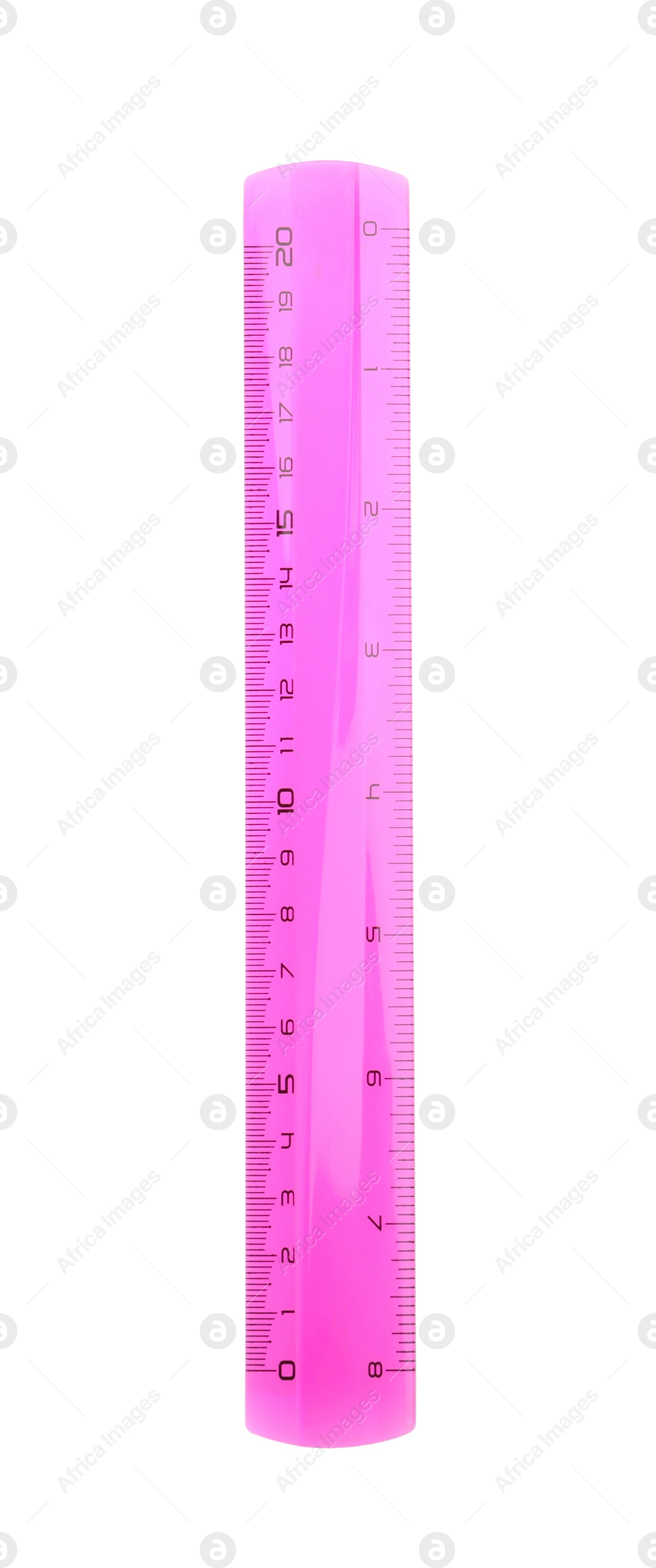 Photo of Colorful plastic ruler isolated on white, top view. School stationery