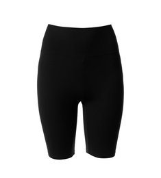 Photo of Black women's cycling shorts isolated on white. Sports clothing