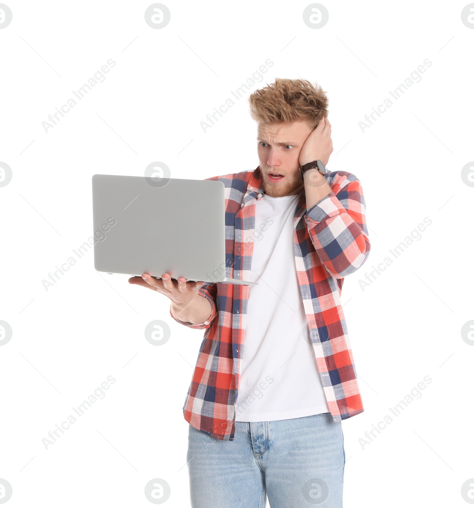 Photo of Emotional man with laptop on white background