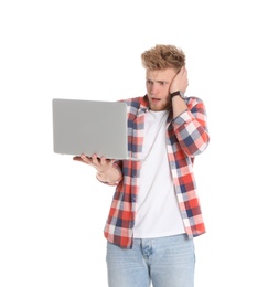 Photo of Emotional man with laptop on white background