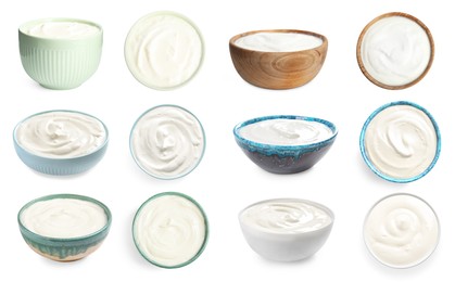 Image of Set with tasty yogurts on white background