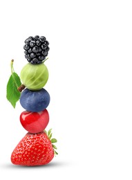 Stack of different fresh tasty berries and cherry on white background