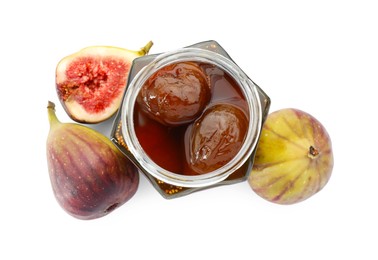 Photo of Jar of tasty sweet jam and fresh figs isolated on white, top view