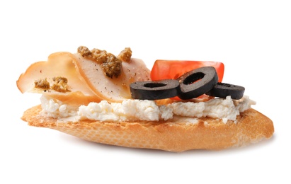 Photo of Delicious chicken bruschetta on white background. Traditional Italian antipasto