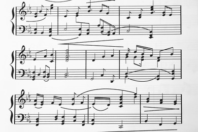 Photo of Sheet music. Melody written with different musical symbols as background, top view