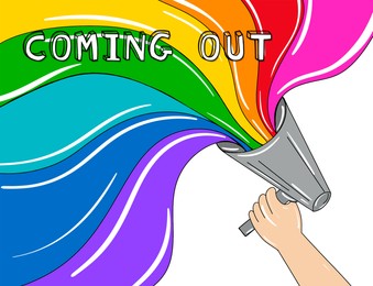 Illustration of Coming Out phrase with pride flag flowing out from loudspeaker in activist's hand, illustration