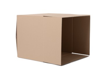 Photo of Open empty cardboard box isolated on white