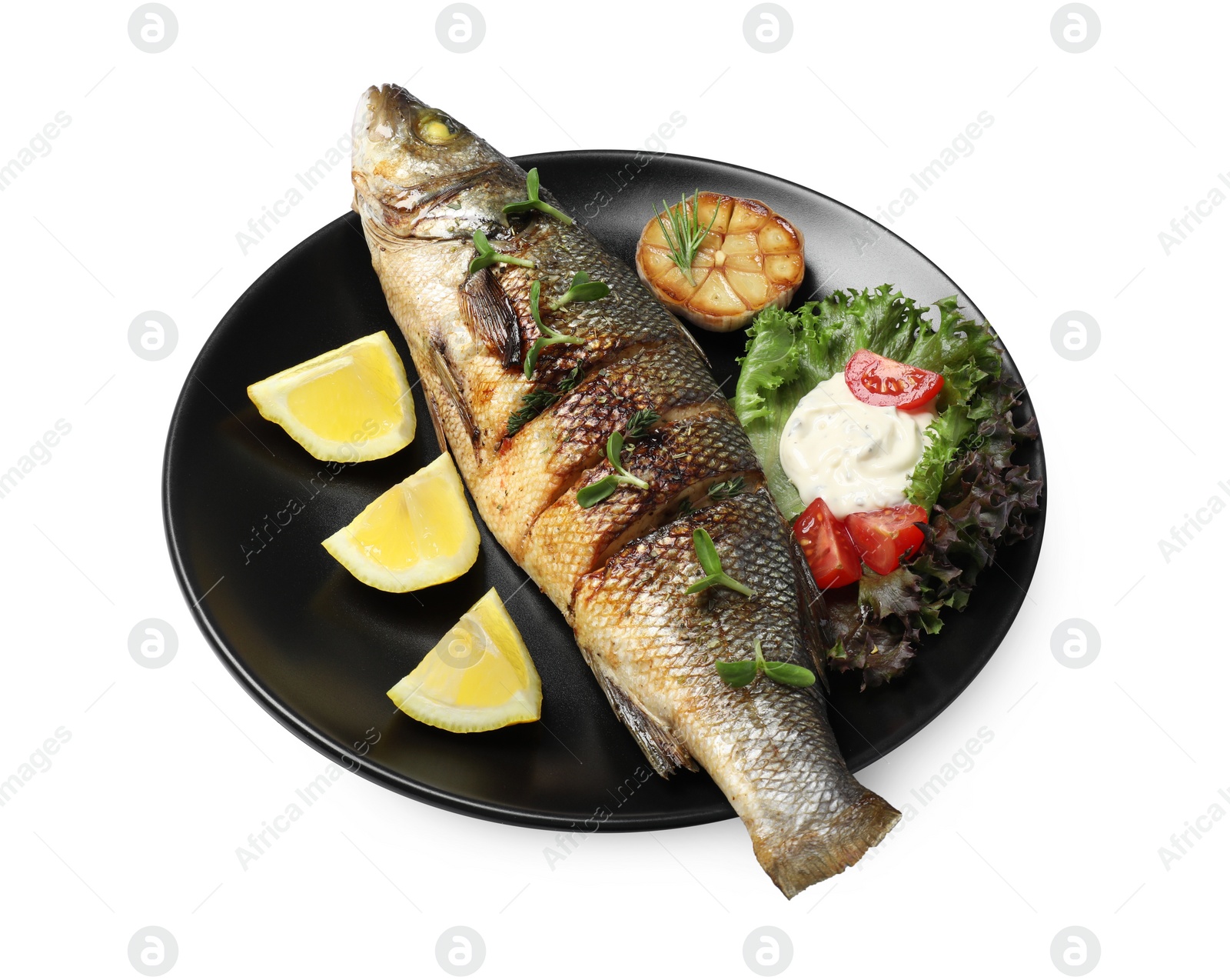 Photo of Plate with delicious sea bass fish and ingredients isolated on white