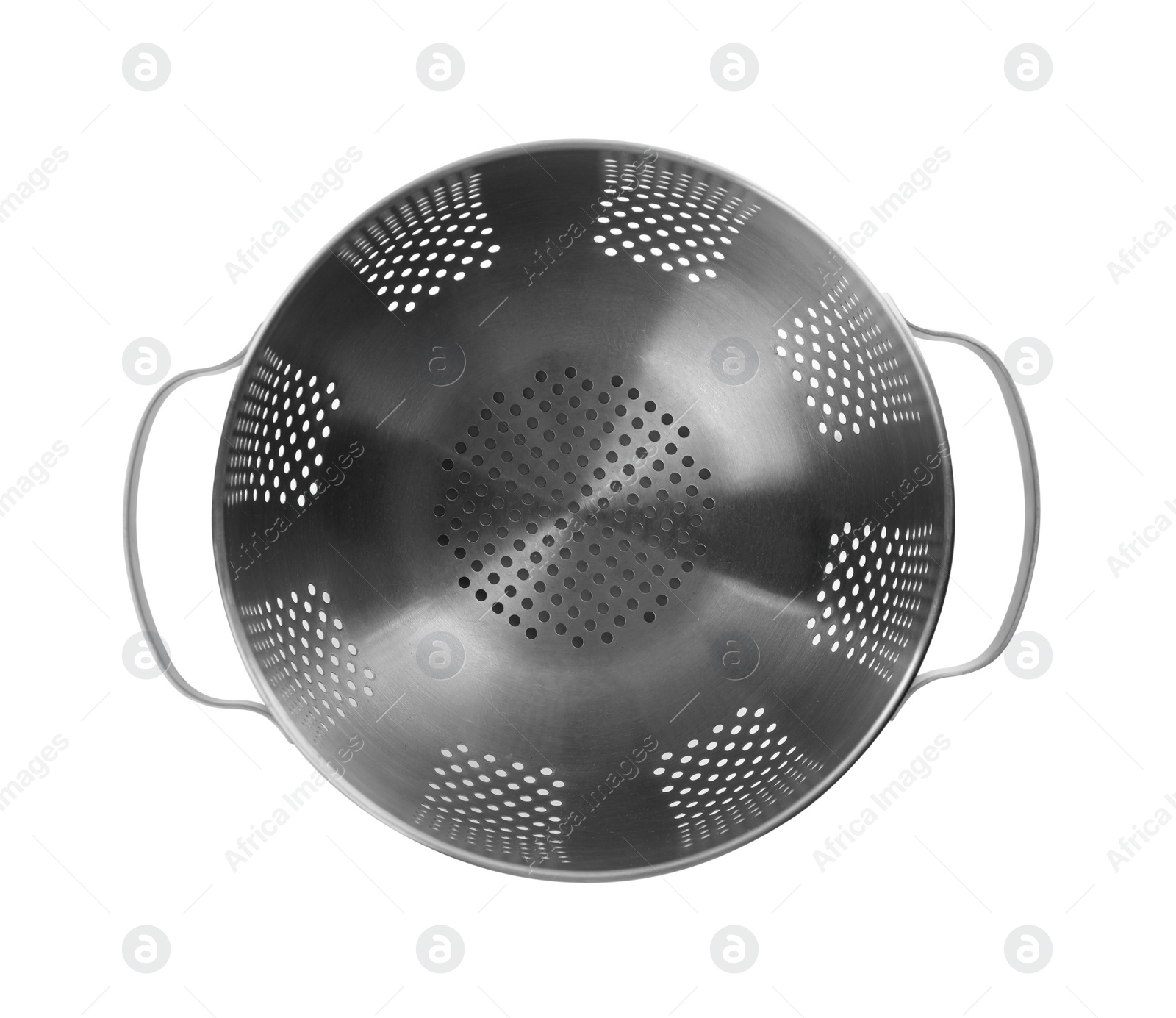 Photo of Modern metal colander isolated on white, top view. Cooking utensil