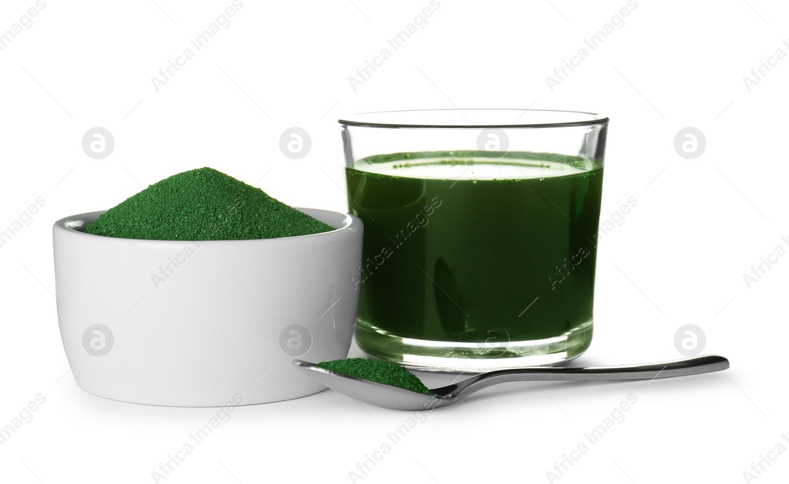 Photo of Spirulina drink and powder on white background