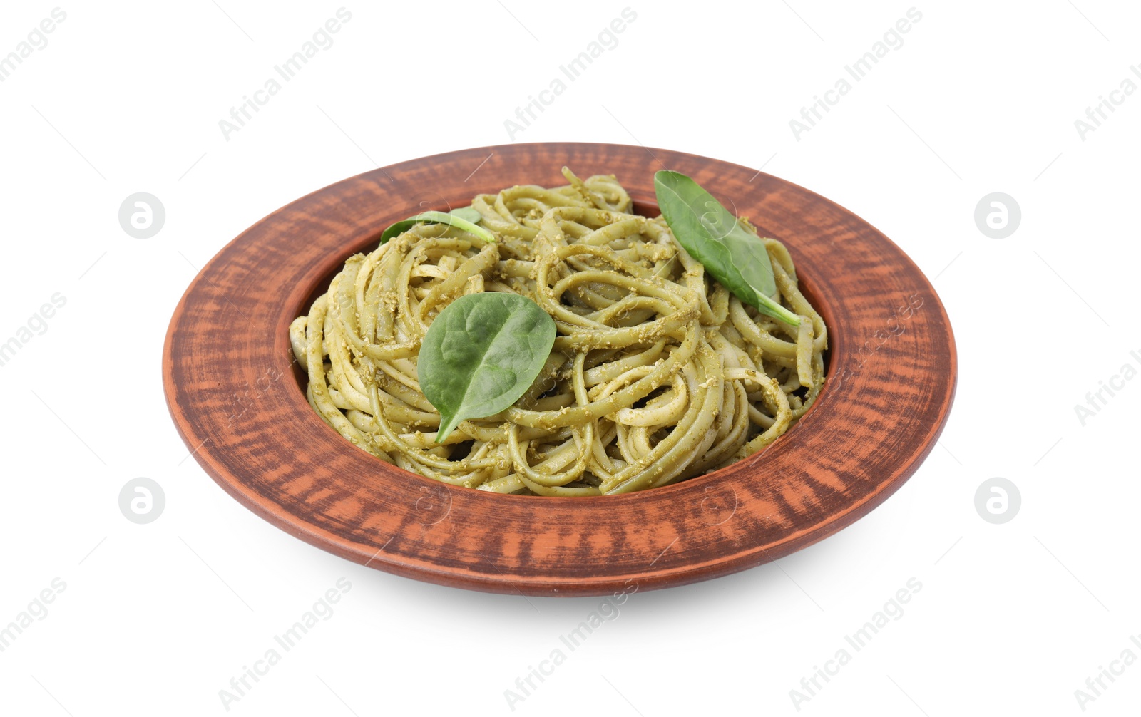 Photo of Tasty pasta with spinach isolated on white