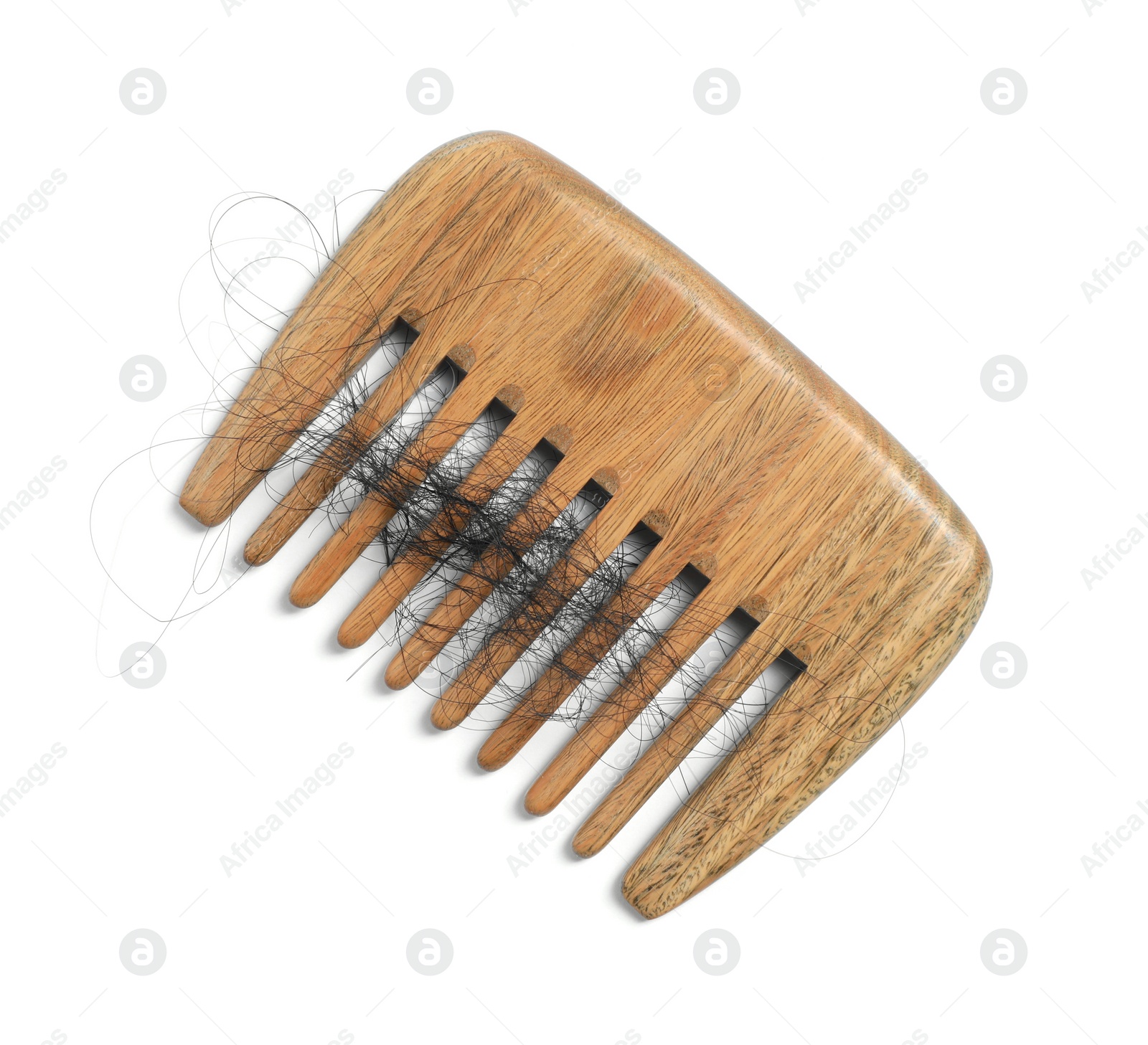 Photo of Wooden comb with lost hair on white background, top view