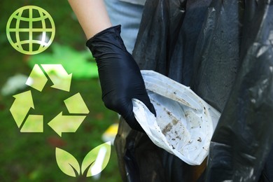 Image of Woman with trash bag picking up garbage in nature, closeup. Recycling and other icons near her