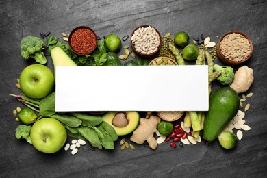 Photo of Flat lay composition with different vegetables, seeds and fruits on black table, space for text. Healthy diet