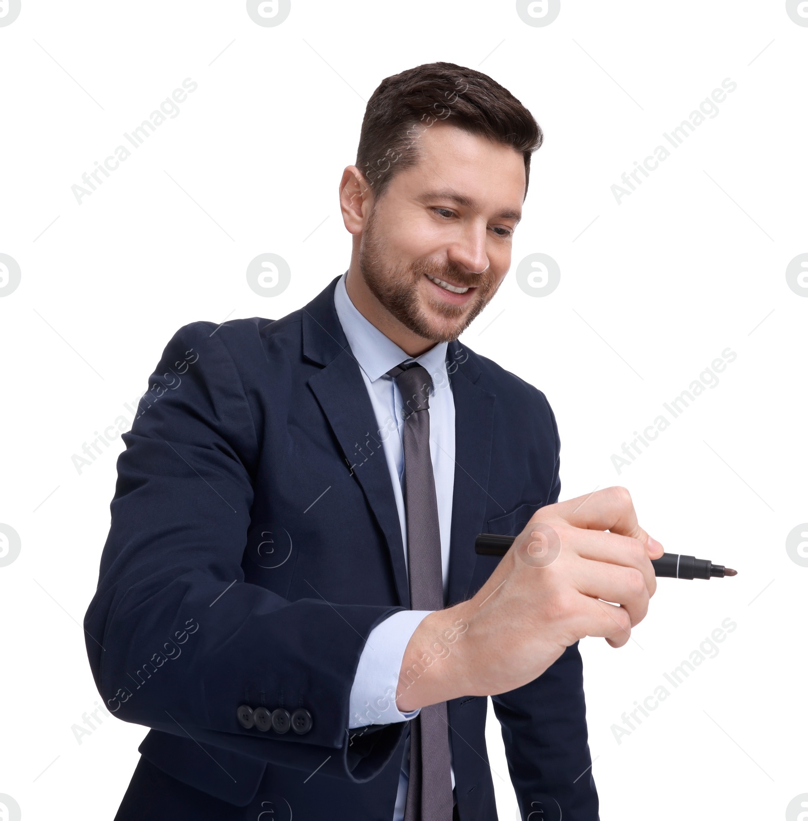 Photo of Handsome bearded businessman in suit with marker on white background