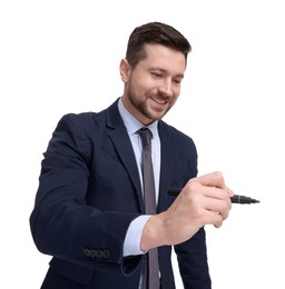 Photo of Handsome bearded businessman in suit with marker on white background