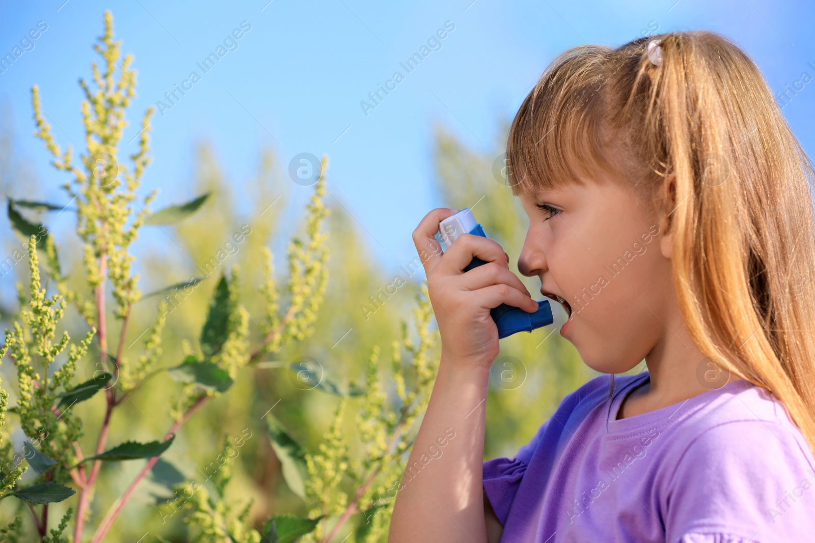 Photo of Little girl with inhaler suffering from ragweed allergy outdoors