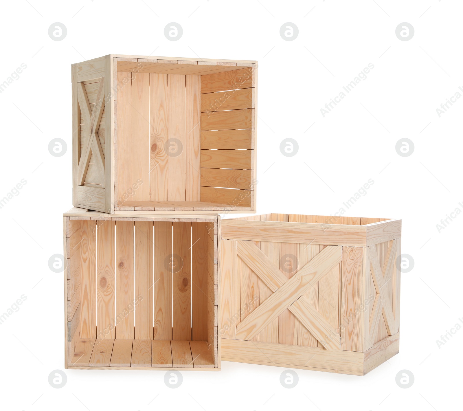 Photo of Group of wooden crates isolated on white