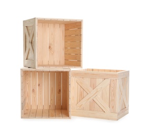 Photo of Group of wooden crates isolated on white