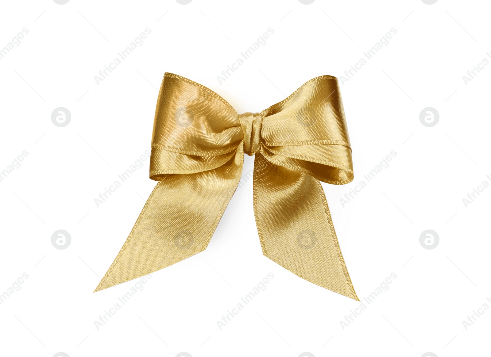 Photo of Beautiful golden ribbon tied in bow isolated on white, top view