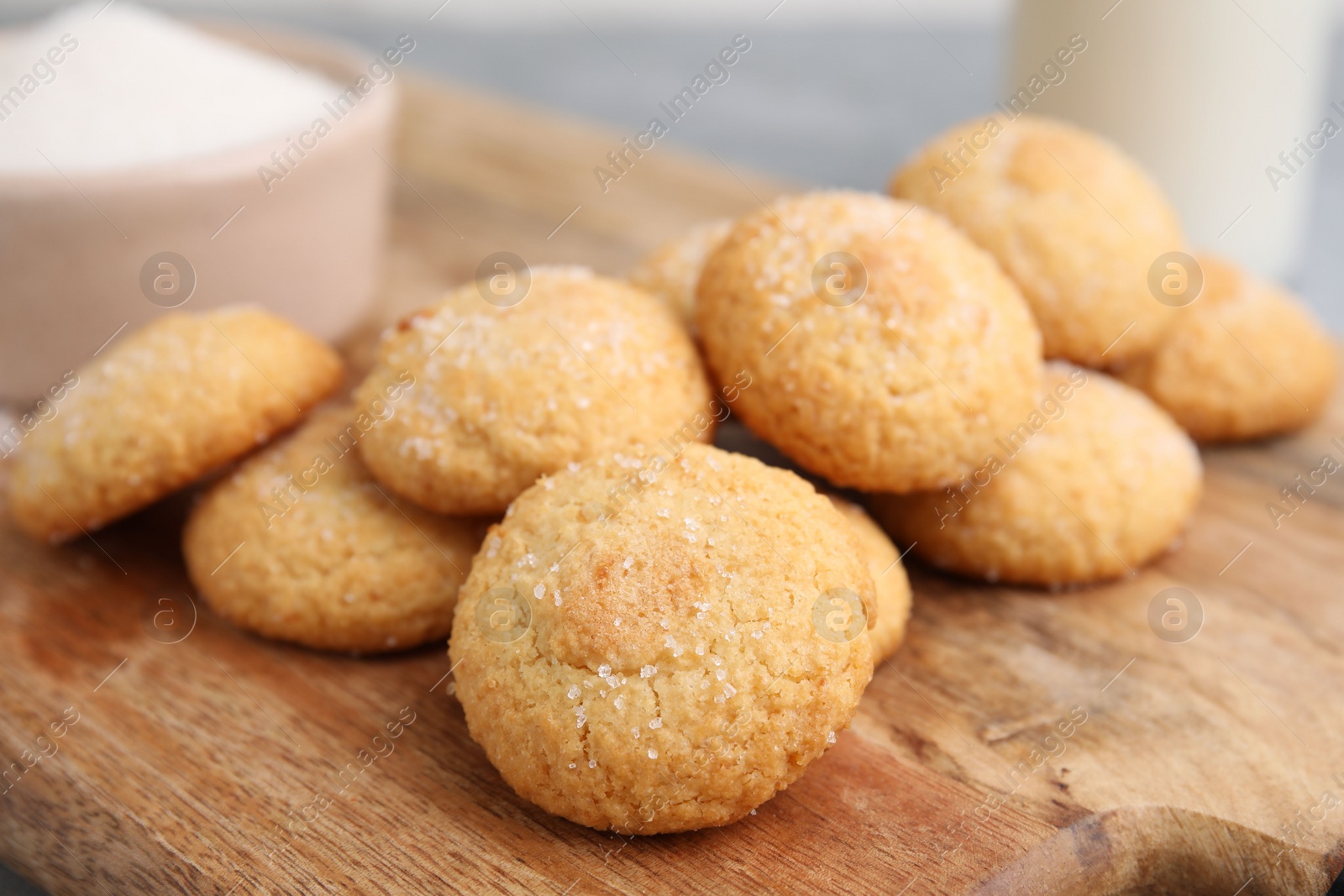 Photo of Tasty fresh sugar cookies on table, closeup