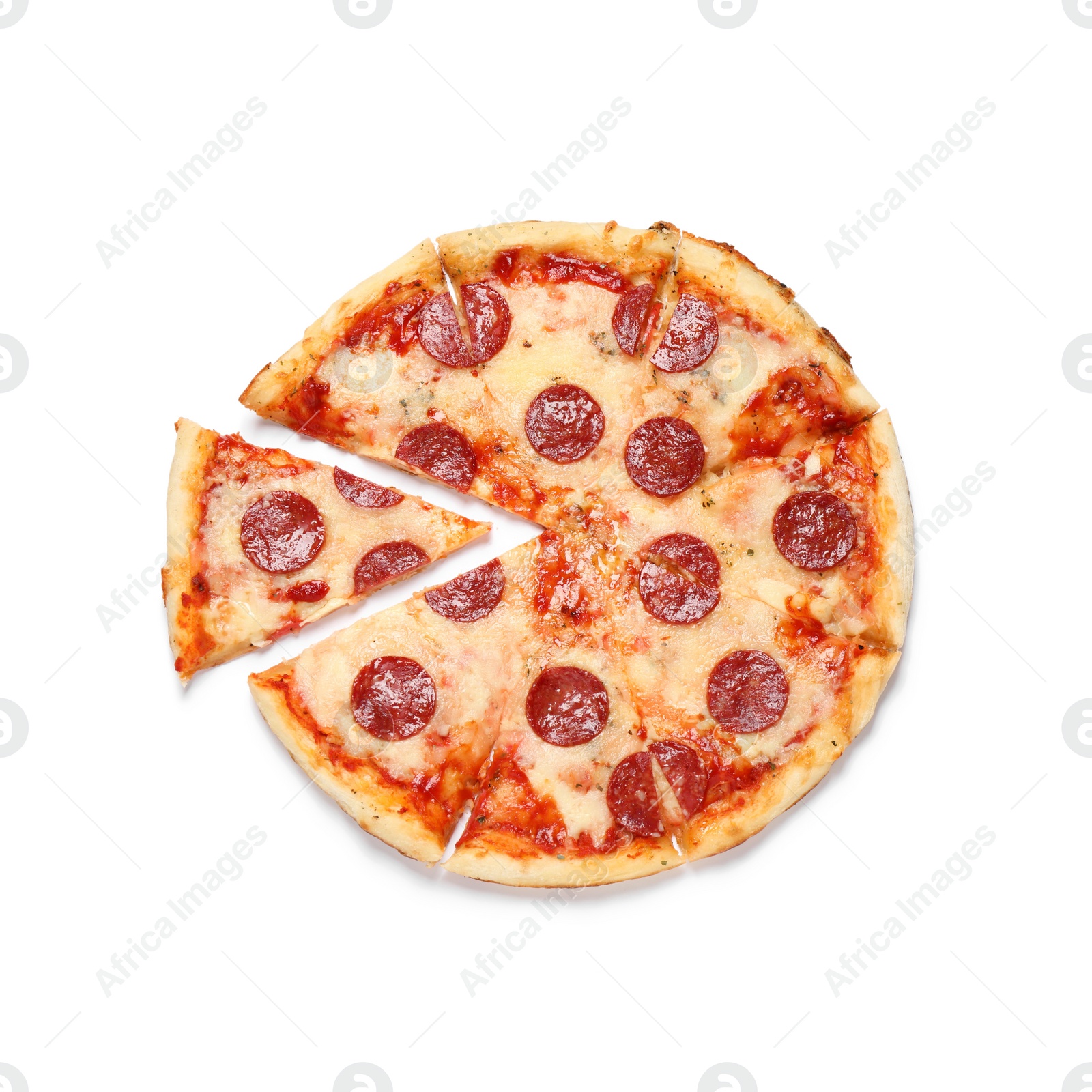 Photo of Hot delicious pepperoni pizza on white background, top view